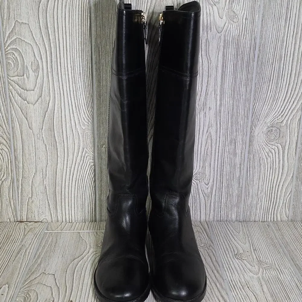 Tory Burch Kiernan Black Leather Riding Boots With Gold  Tone Logo Womens Size 8